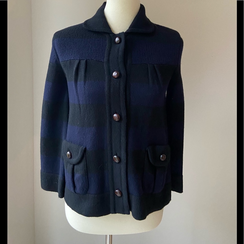 Cute James Jeans black/navy rugby stripe cotton sweater jacket with wood buttons